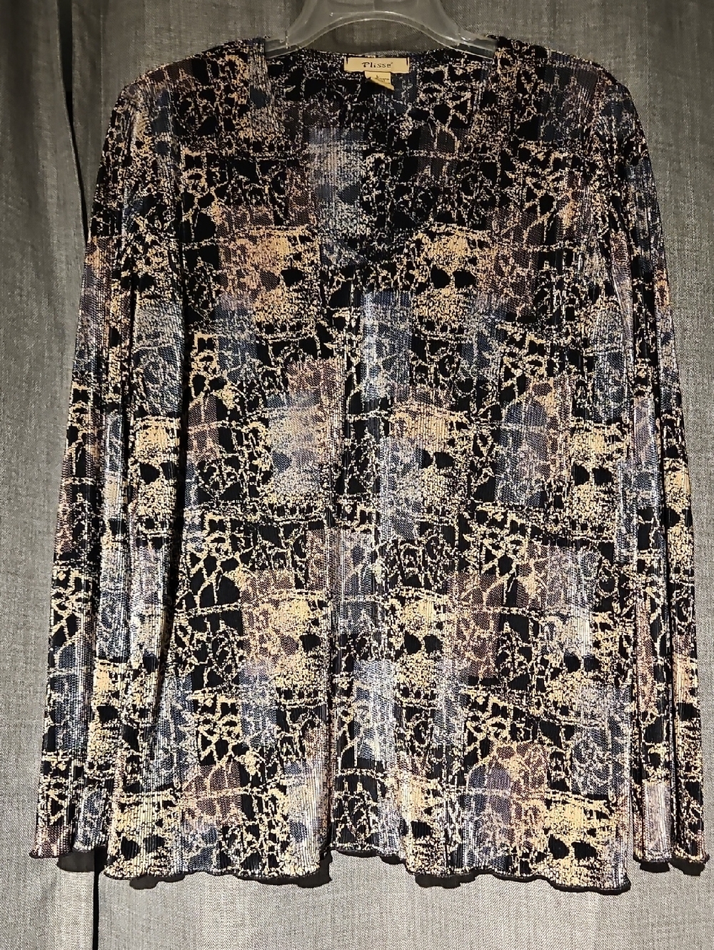Plissé Blouse Earth Mosaic Pattern V Neck Ribbed Long Sleeve Size Large
